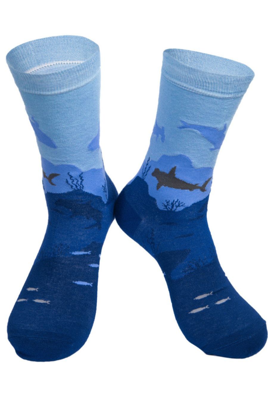 men's bamboo dress socks artistically designed to look like an underwater scene, with fish, hammerhead sharks and plants