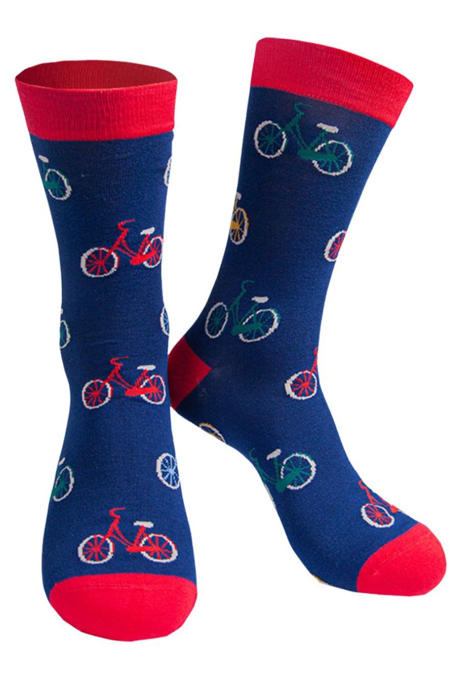 Mens bamboo socks with a multicoloured bicyle print design.