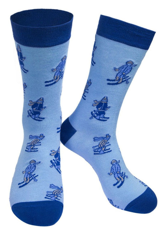 blue bamboo dress socks with skiers on them 
