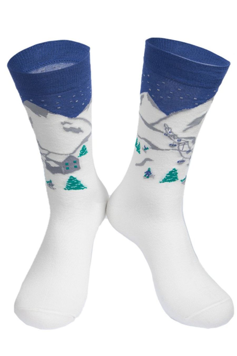 bamboo dress socks designed to look like a snowy mountain side with skiers