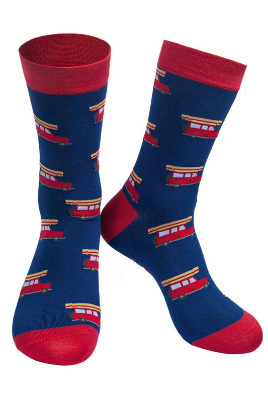 blue and red men's bamboo dress socks with a pattern of red utility vans on them