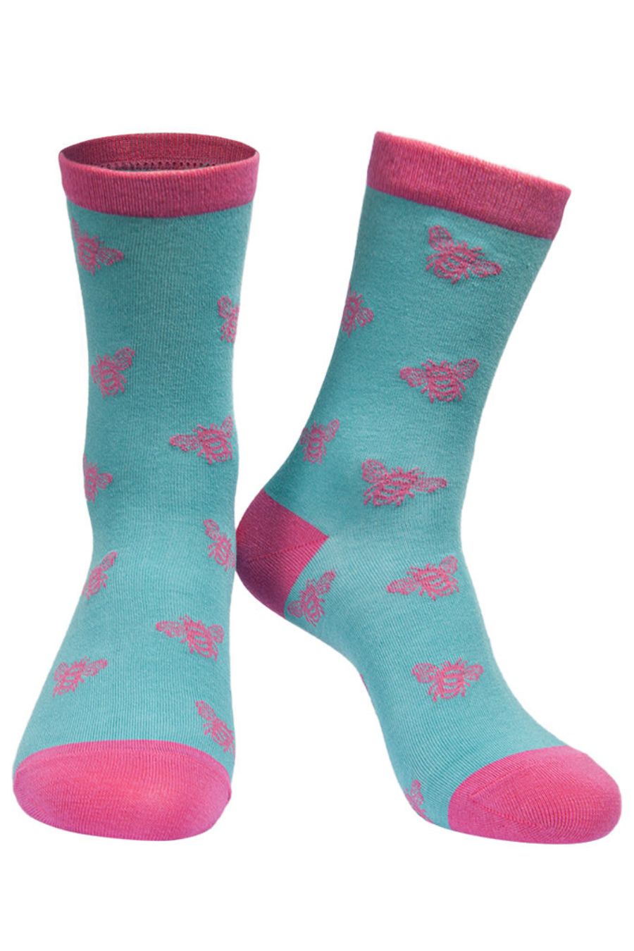 teal, pink ankle socks with a pink bee pattern