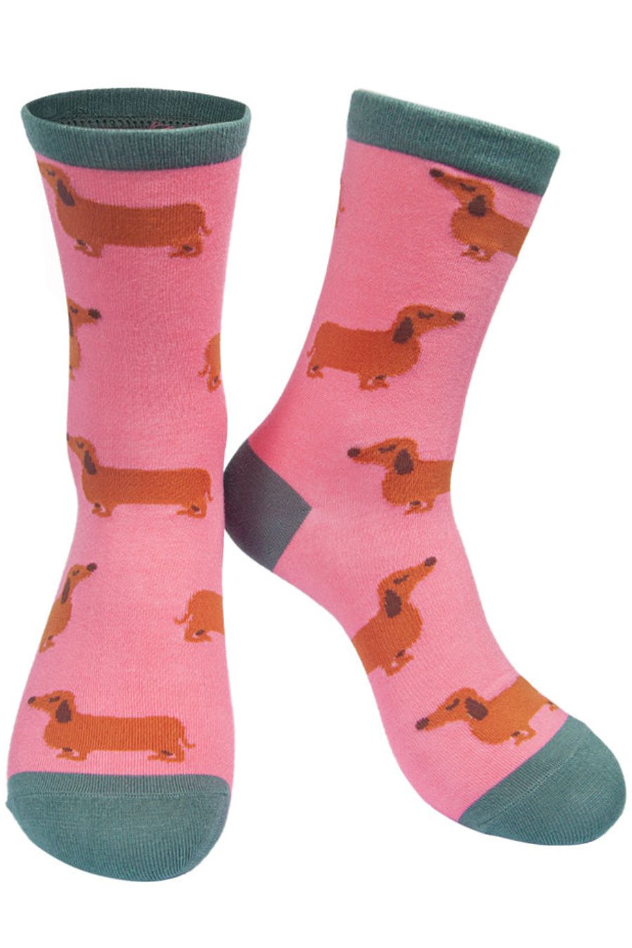pink and green ankle socks with an all over dachshund print