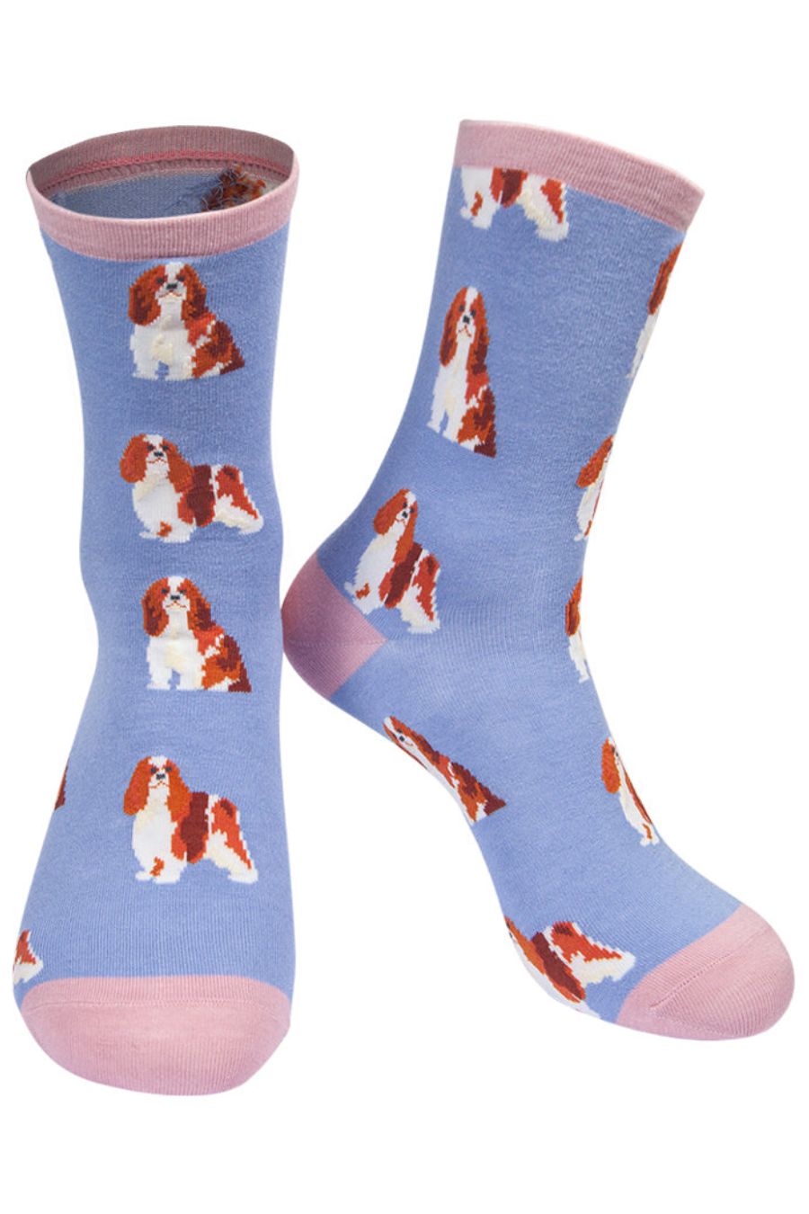 lilac and pink bamboo ankle socks with king charles spaniels all over them