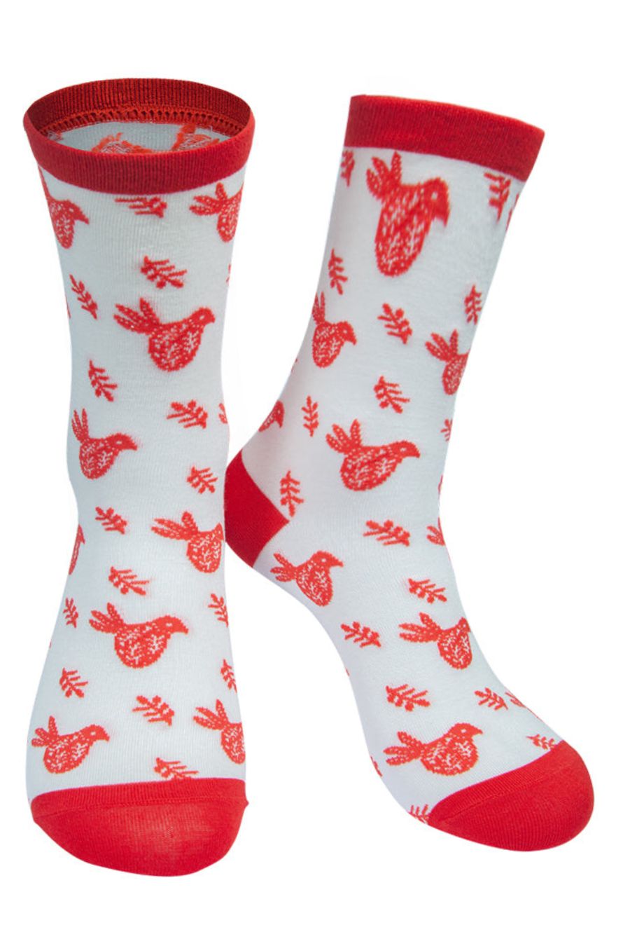 white socks with an all over red scandi bird print
