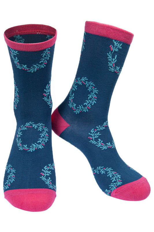 turquoise and pink ankle socks with a floral Christmas wreath pattern