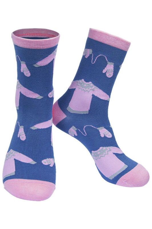 blue and pink bamboo ankle socks with a winter sweater and hat pattern