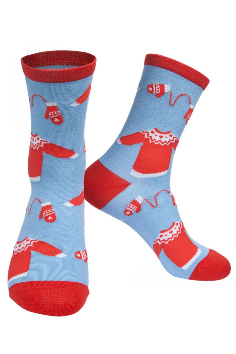 blue bamboo ankle socks with an all over pattern of red xmas jumpers and hats