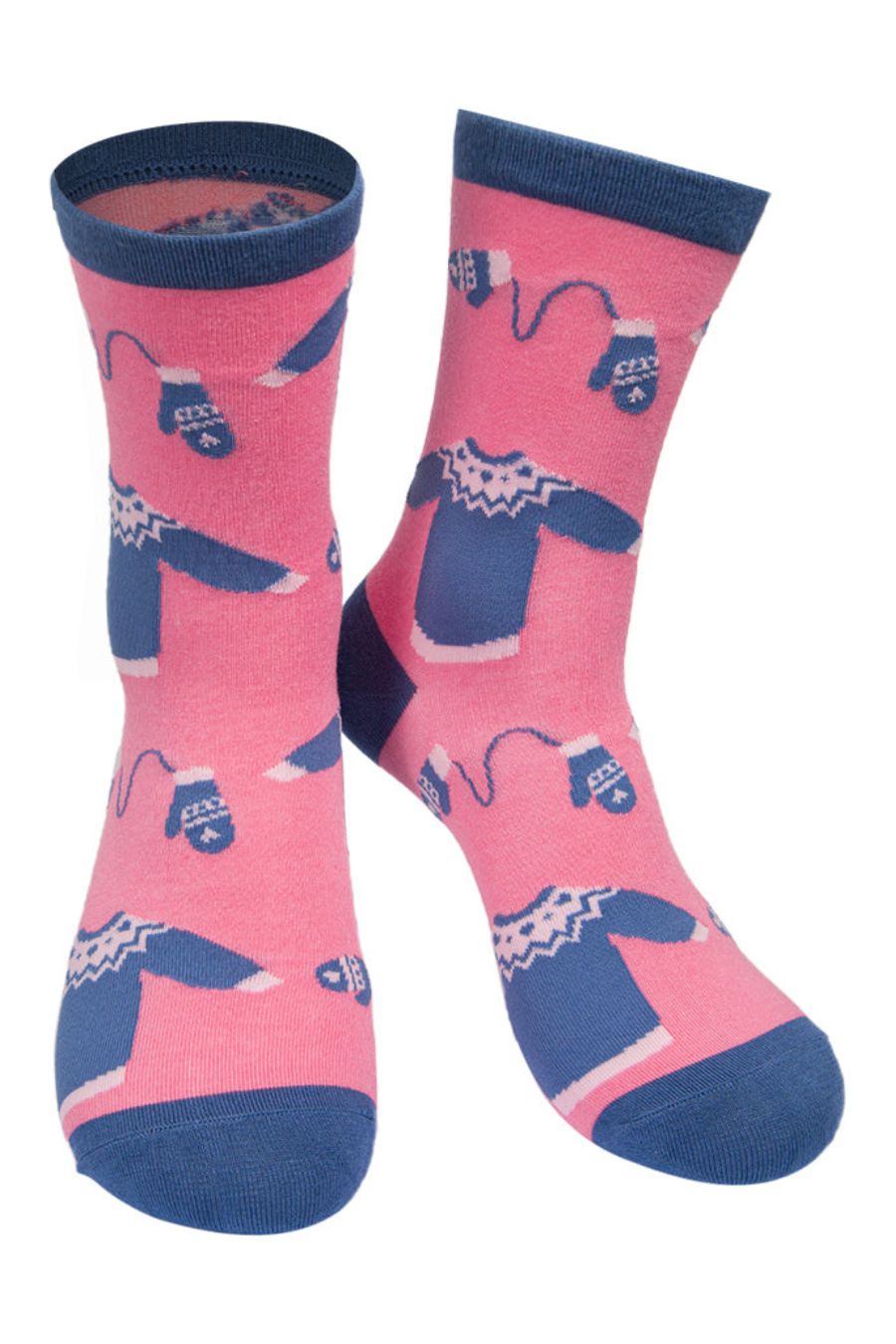 pink and blue bamboo socks with a pattern of xmas jumpers and winter gloves