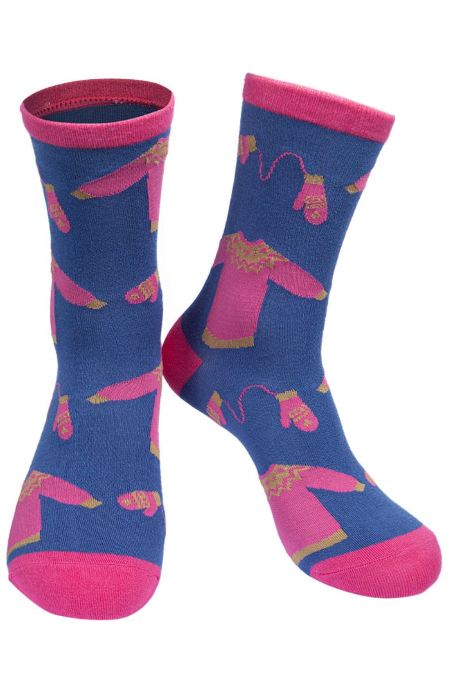 blue and pink bamboo socks featuring a christmas sweater and hat pattern