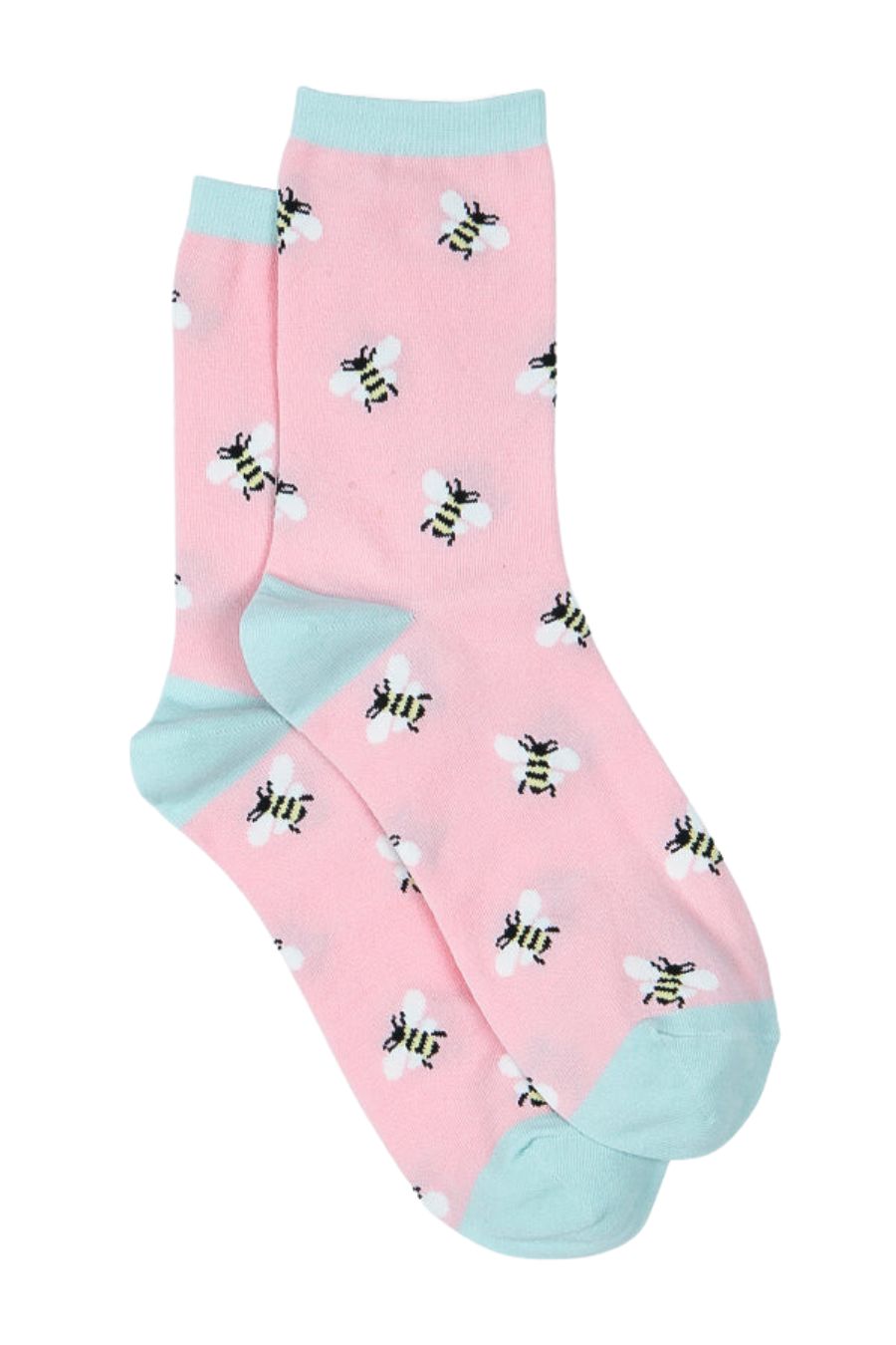 light pink, mint green ankle socks with bumblebees on them