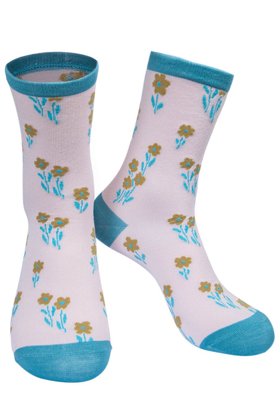 light pink and teal ankle socks with an all over ditsy floral pattern