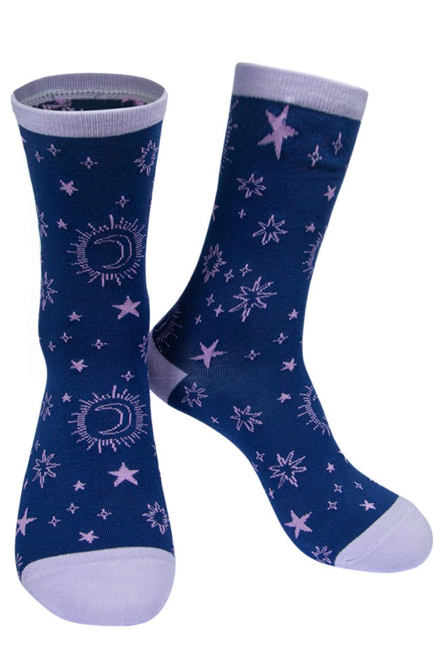 navy blue and lilac bamboo socks with a scattered stars and moon pattern
