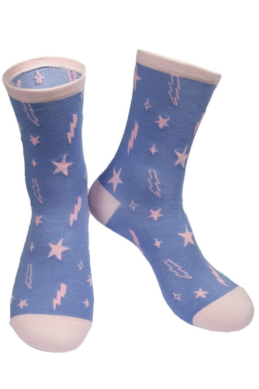 lilac, pink ankle socks with lightning bolts and stars