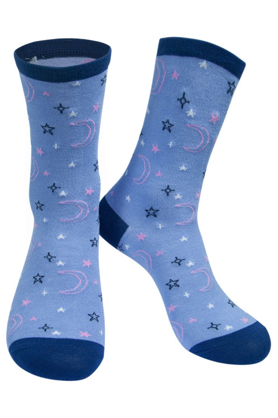 lilac, navy blue scattered star and moon pattern bamboo socks