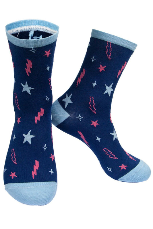 navy blue ankle socks with stars and lightning bolts in pink and blue