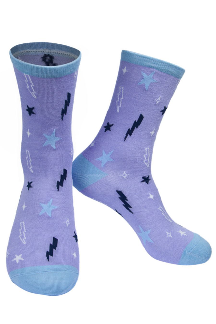 lilac ankle socks with an all over lightning bolt and star pattern