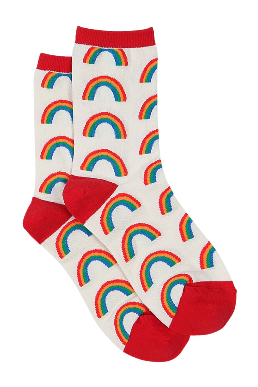 white, red bamboo socks with all over multocoloured rainbows