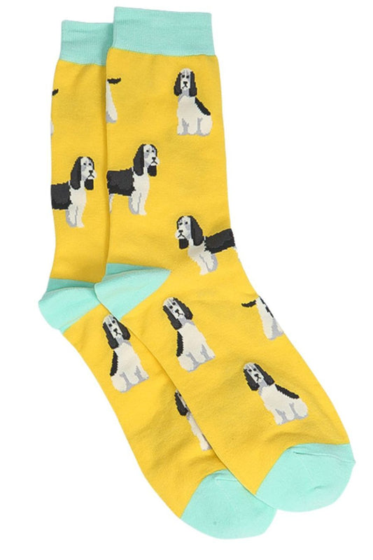 yellow, green dress socks with spaniels