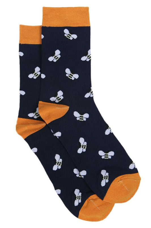 navy blue and yellow dress socks with an al over white bee print