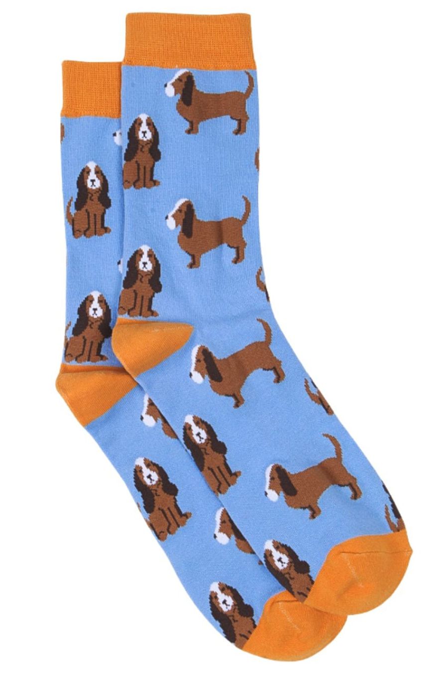blue, yellow bamboo socks with beagle dogs all over