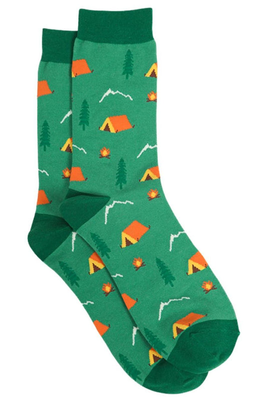 green dress socks with tents, trees and campfires