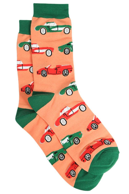 orange and green dress socks with red and green sports cars