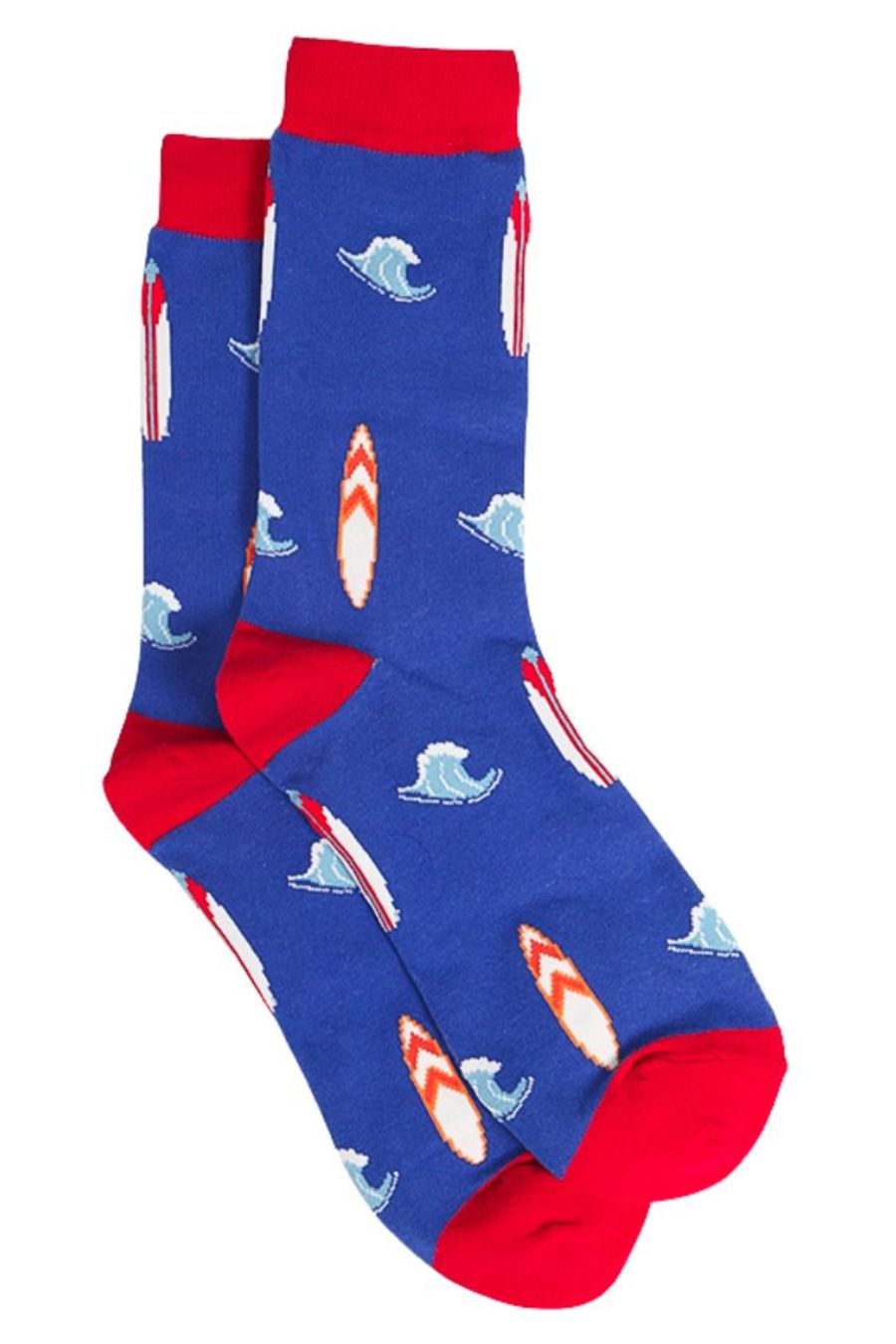 blue and red dress socks with a pattern of surf boards and waves