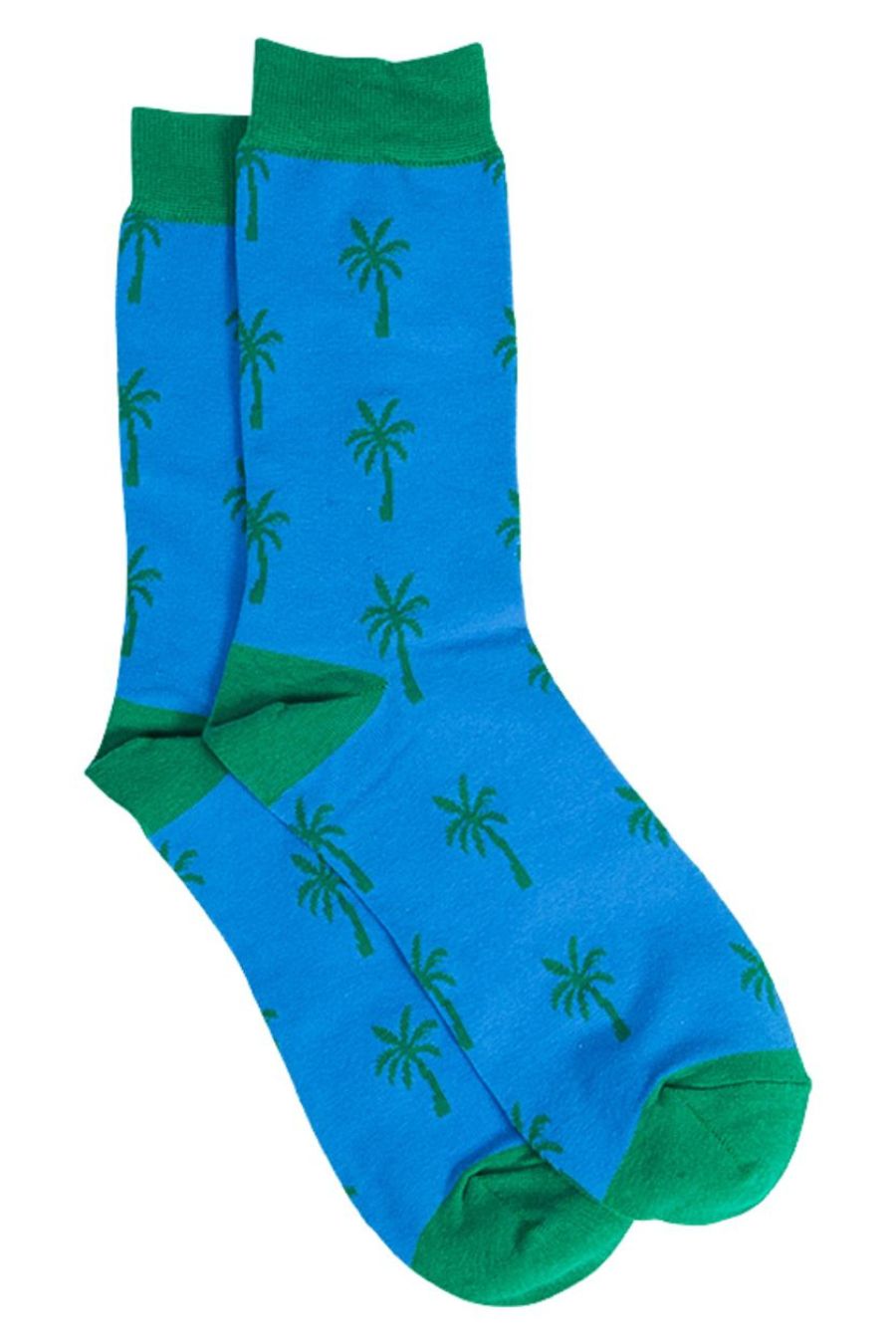 blue dress socks with a green palm tree print