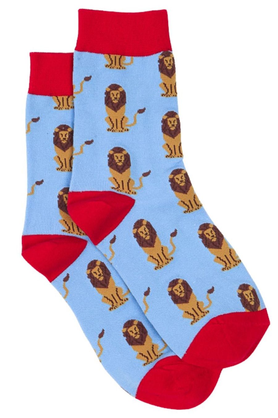 blue and red dress socks with an all over lion pattern