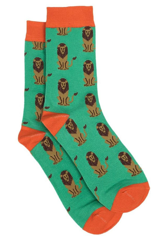 green, orange dress socks with lions all over