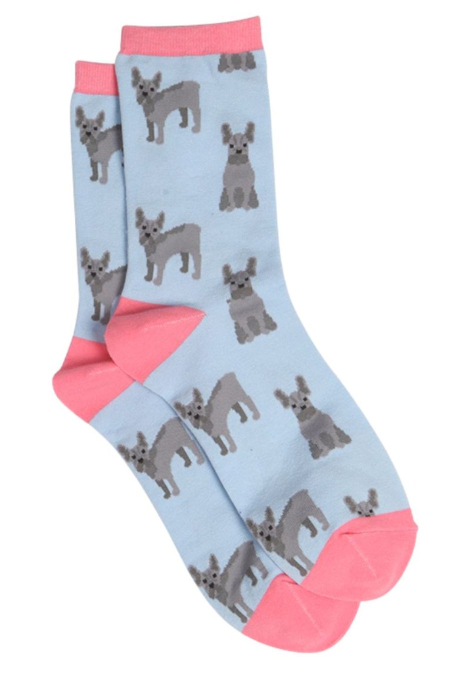 blue, pink ankle socks with french bulldogs on them