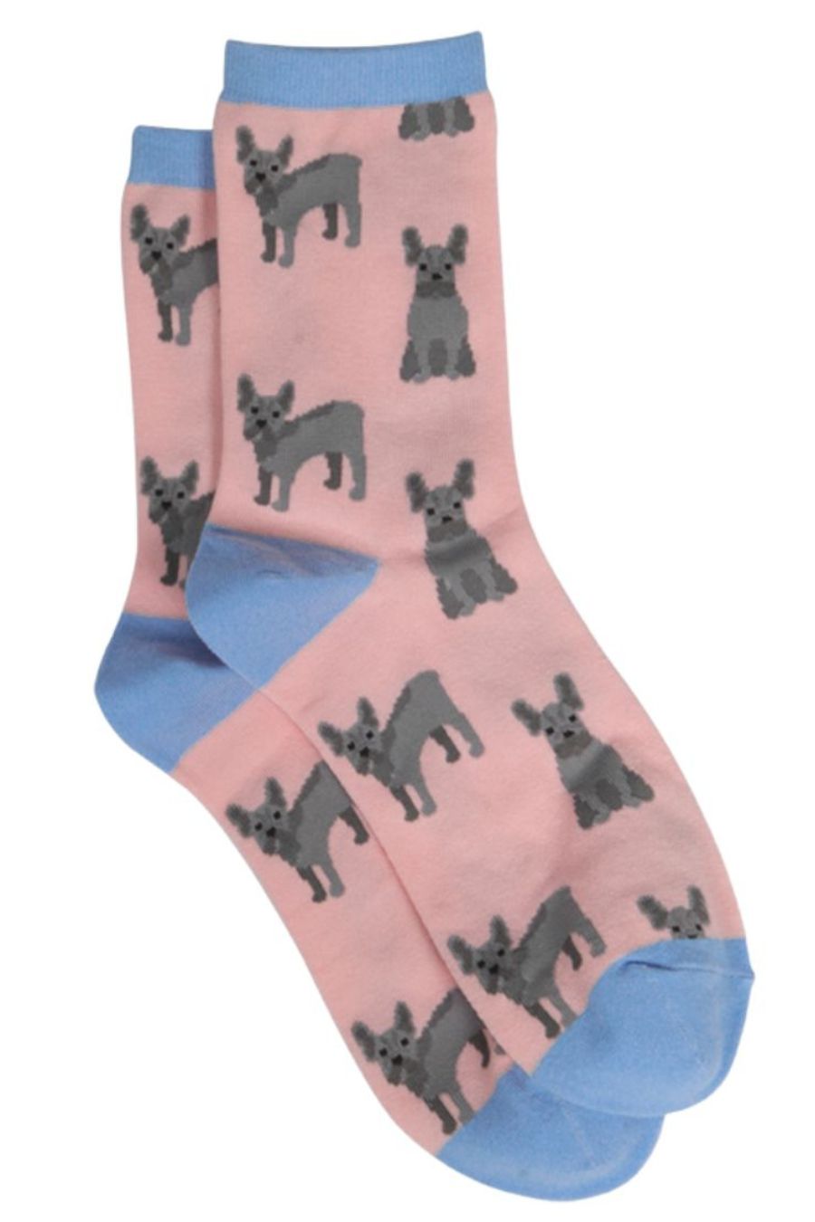 pink and blue ankle socks with french bulldogs on them