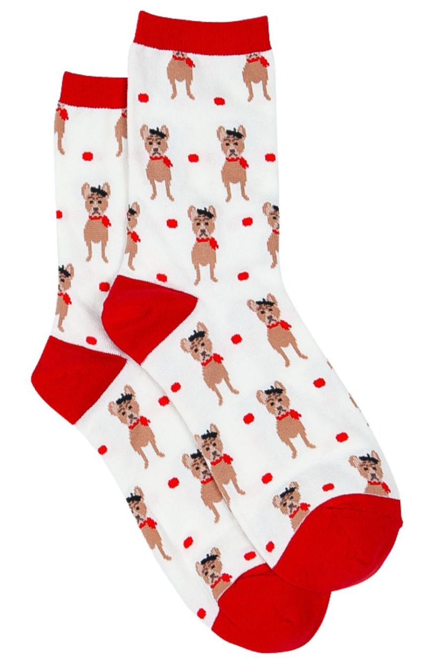 white and red ankle socks with an all over french bulldog print