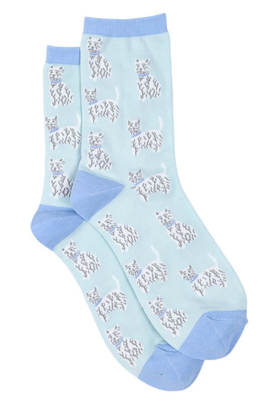 mint green and blue ankle socks with white scottie dogs all over