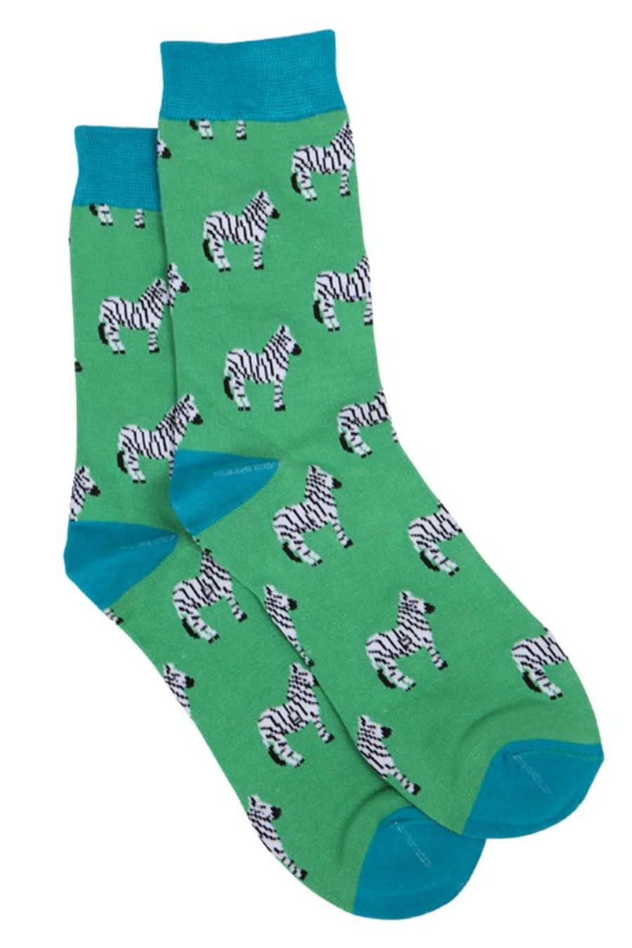 green, blue dress socks with zebras all over