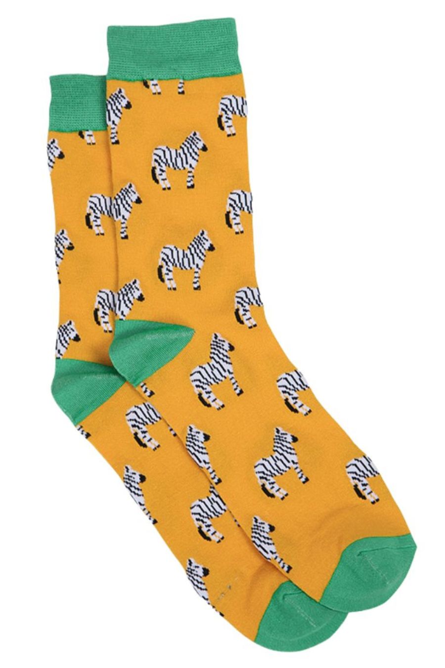 yellow, green dress socks with zebras all over them