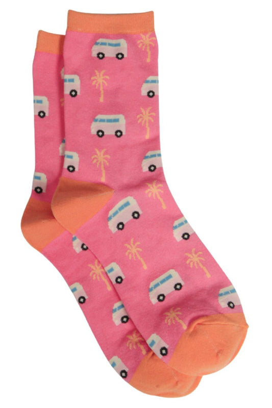 pink bamboo ankle socks with an all over pattern of campervans