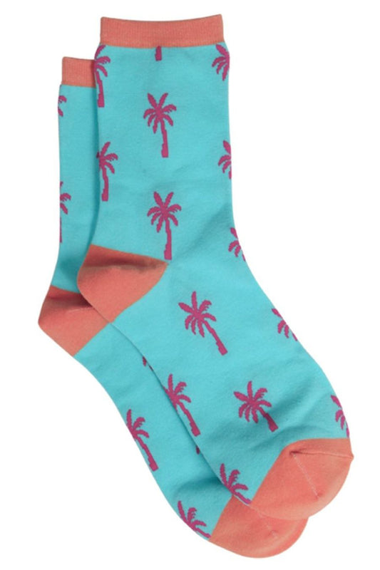 blue ankle socks with a pink palm tree print