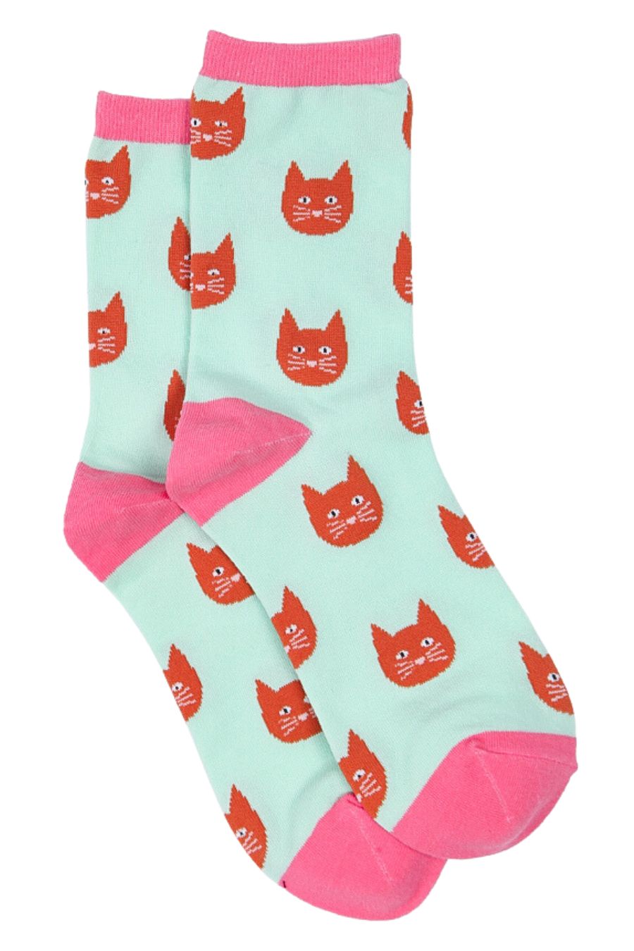 light green, pink ankle socks with cats faces all over