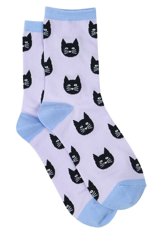 lilac, blue ankle socks with black cat faces all over