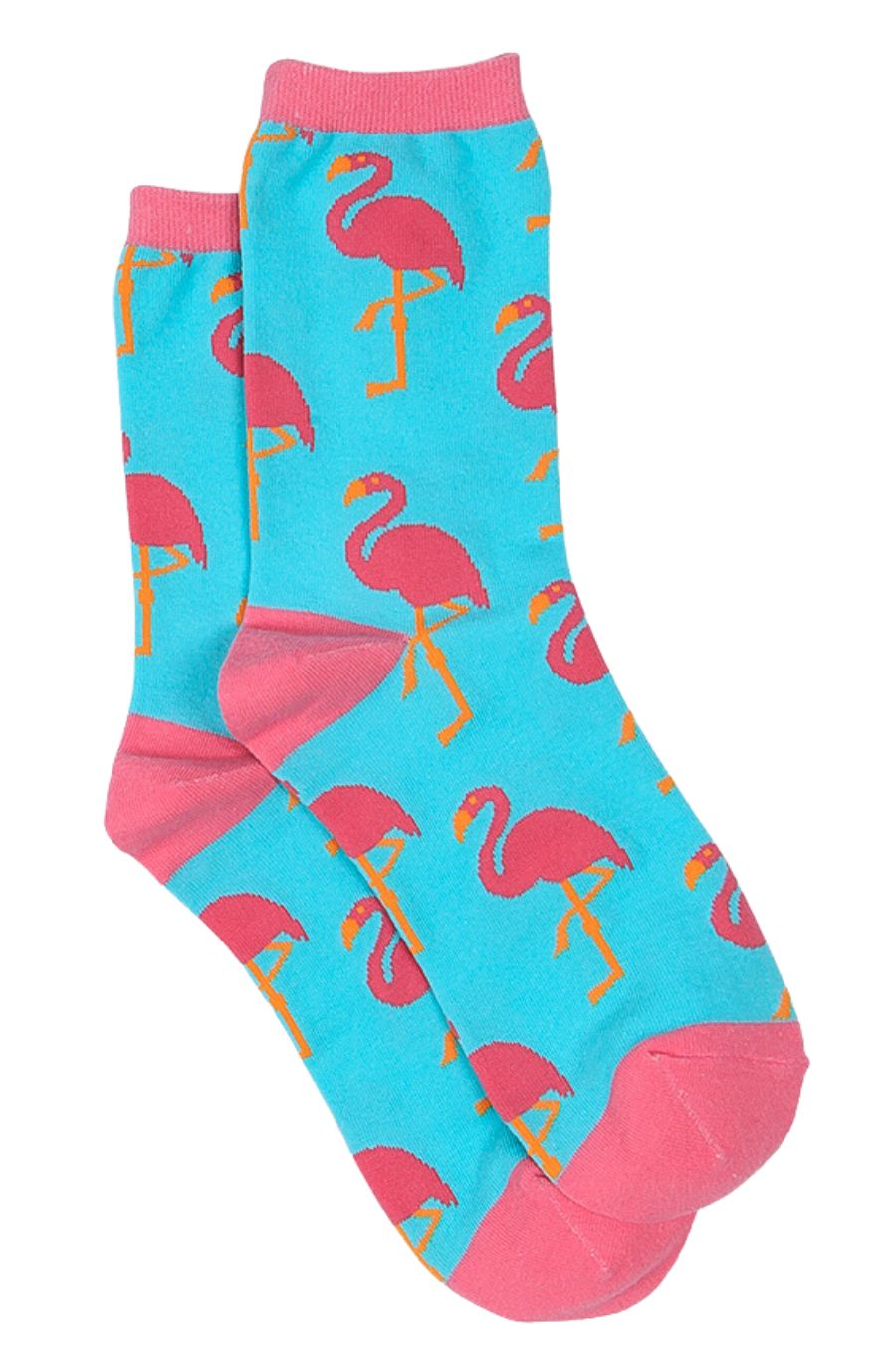 blue ankles socks with pink flamingo birds all over