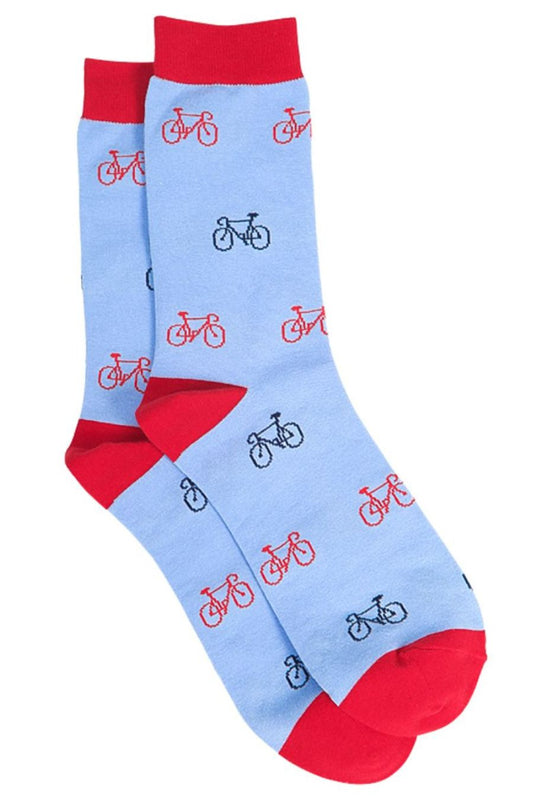 blue and red bamboo socks with red and and black bicycles all over