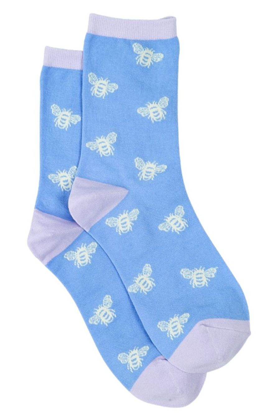 blue and lilac ankle socks with an all over bee pattern