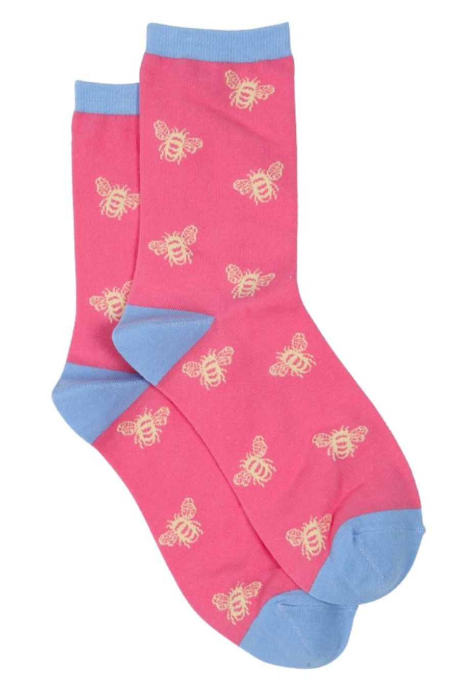 pink, blue bamboo socks with an all over bee print