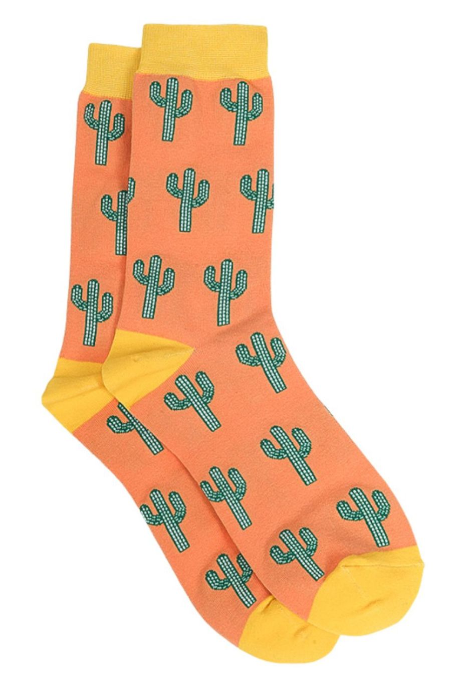 orange and yellow dress socks with green cactus all over