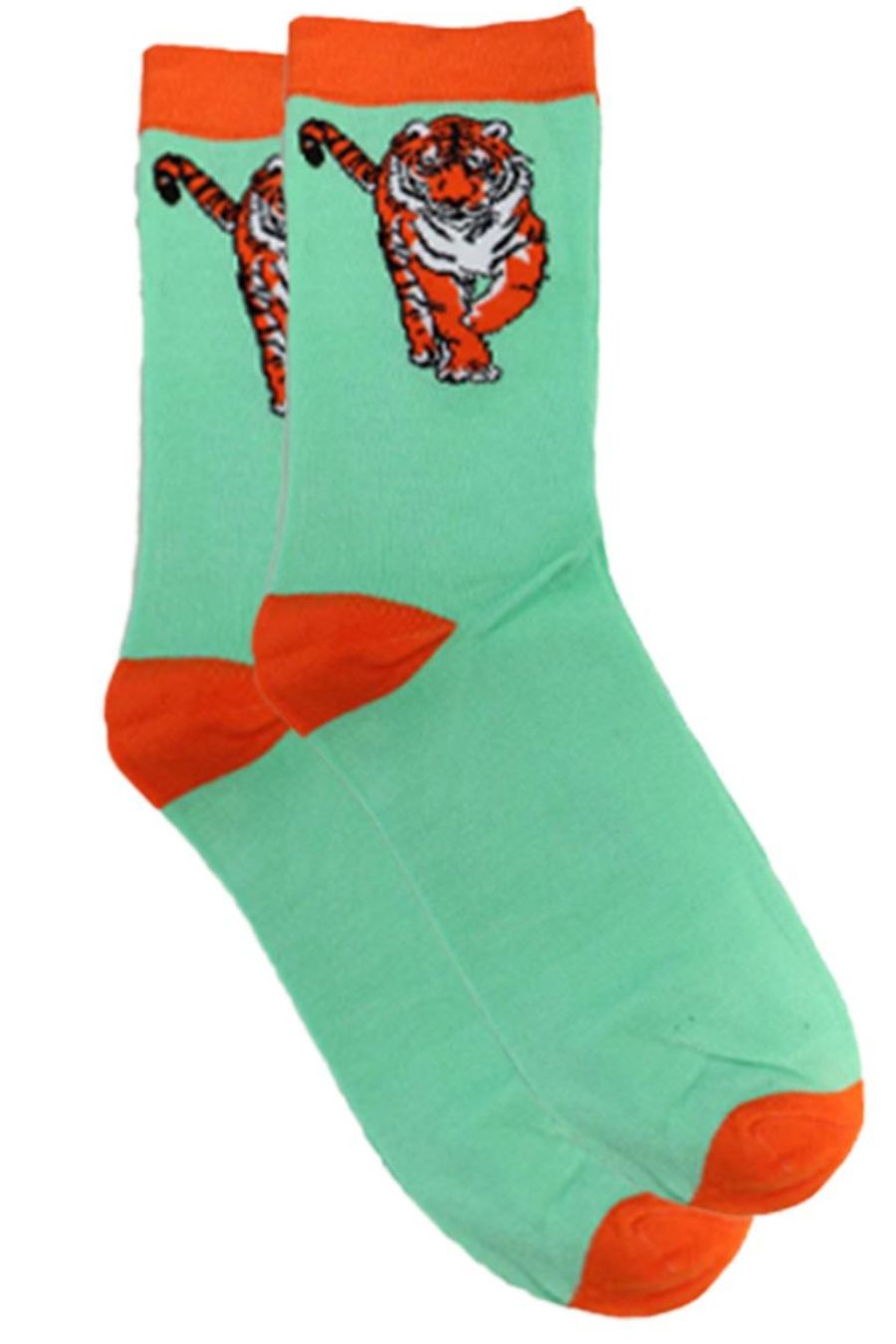 green bamboo socks with an orange tiger