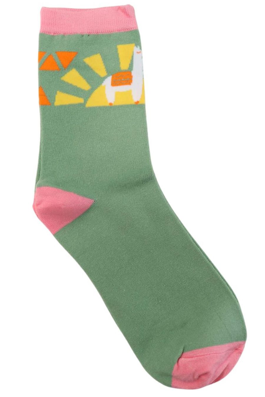 green, pink ankle socks with a yellow sunrise and a llama