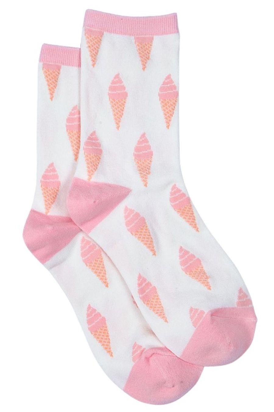 white, pink ankle socks with a pink ice cream cone pattern 