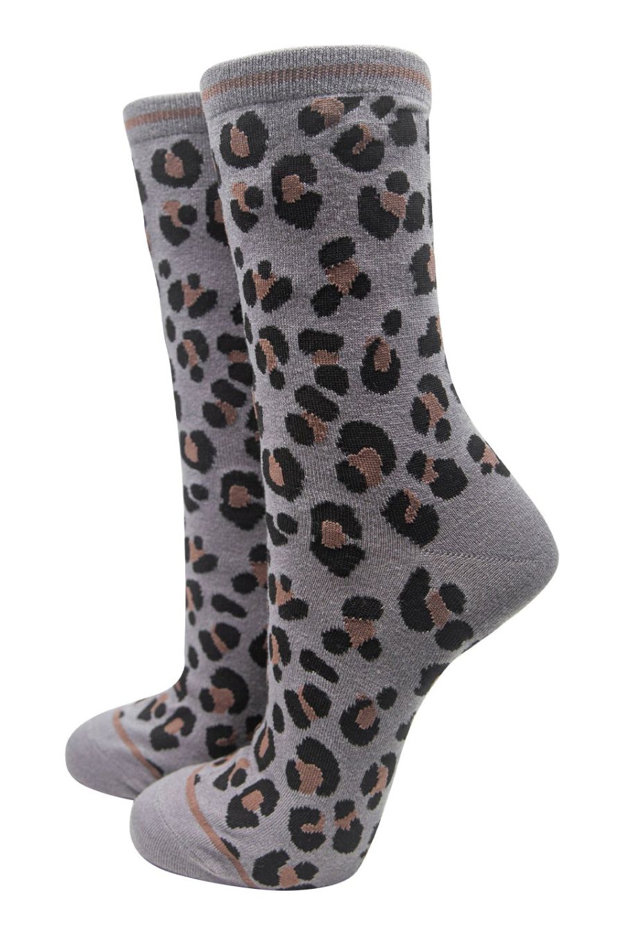 grey bamboo ankle socks with an all over brown and black leopard print